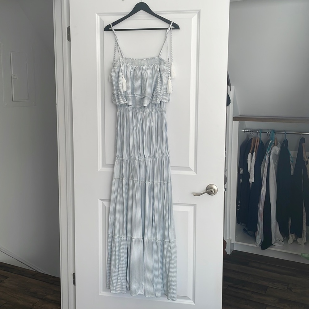 Blue and white striped maxi dress